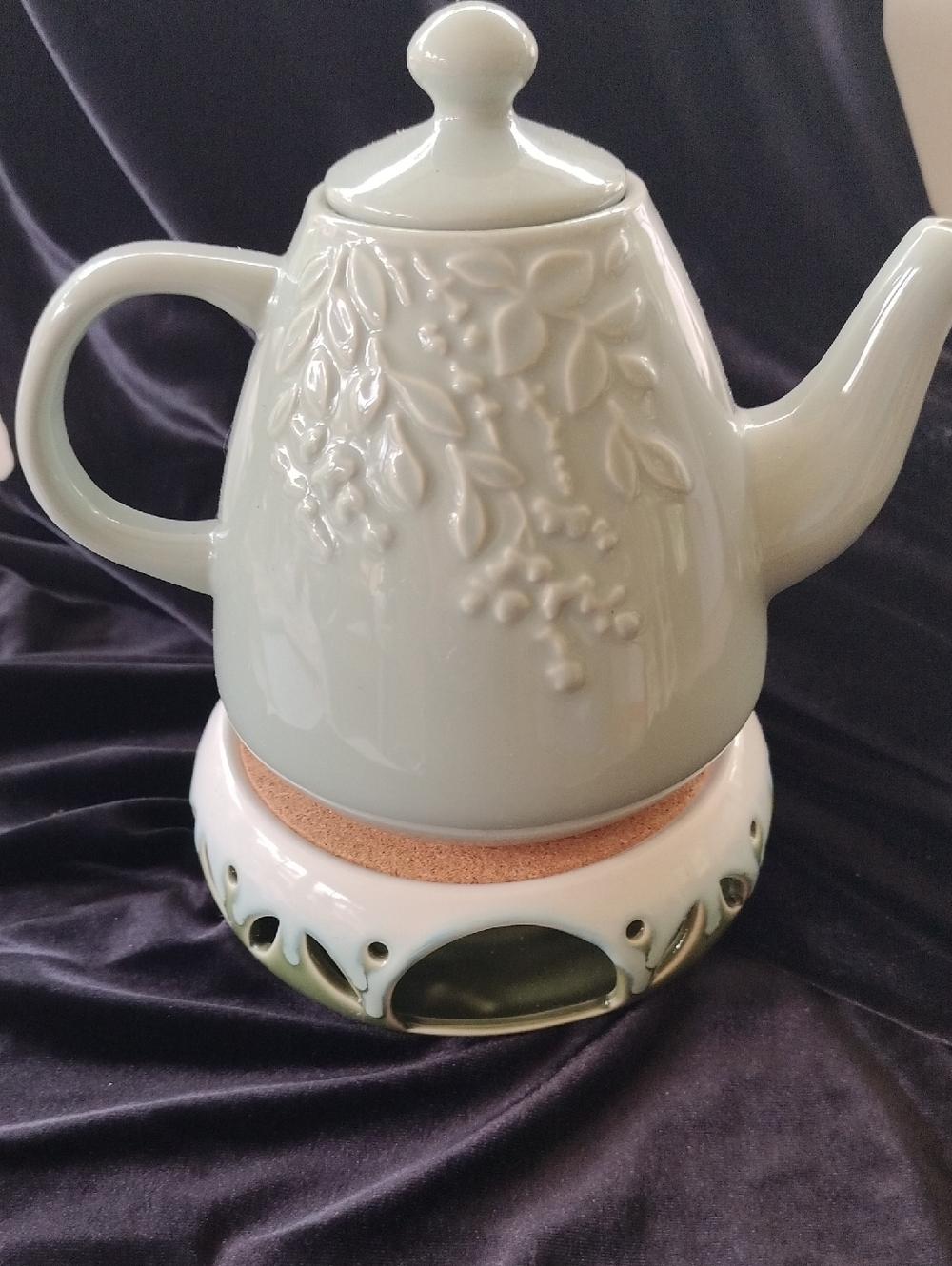World Market Ceramic Tea Pot With Warming Base- Soft Mint New